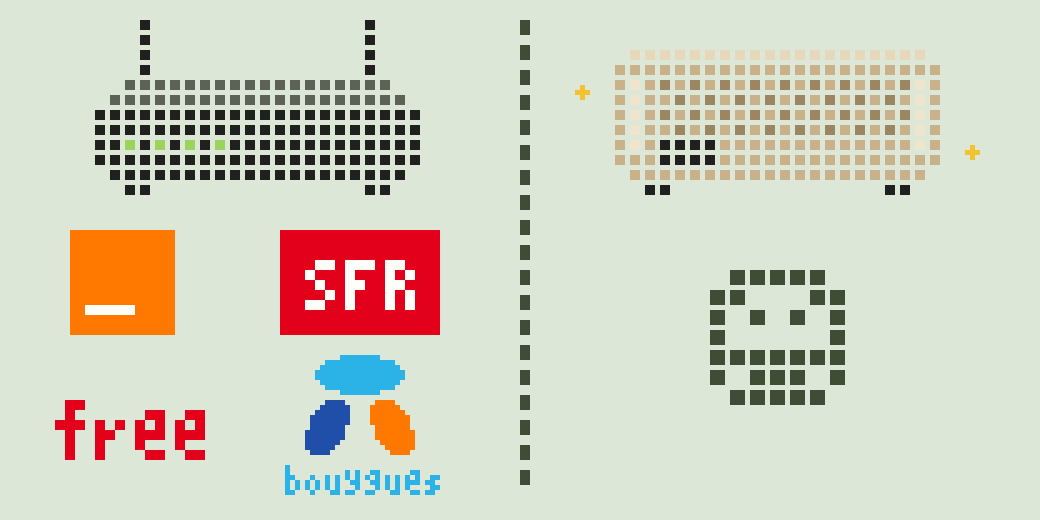 On one side, the internet box from our film, with the logos of Orange, SFR, Free and Bouygues Telecom redrawn in pixels; on the other, the champagne-coloured Appliance and the Appliance Labs mark.