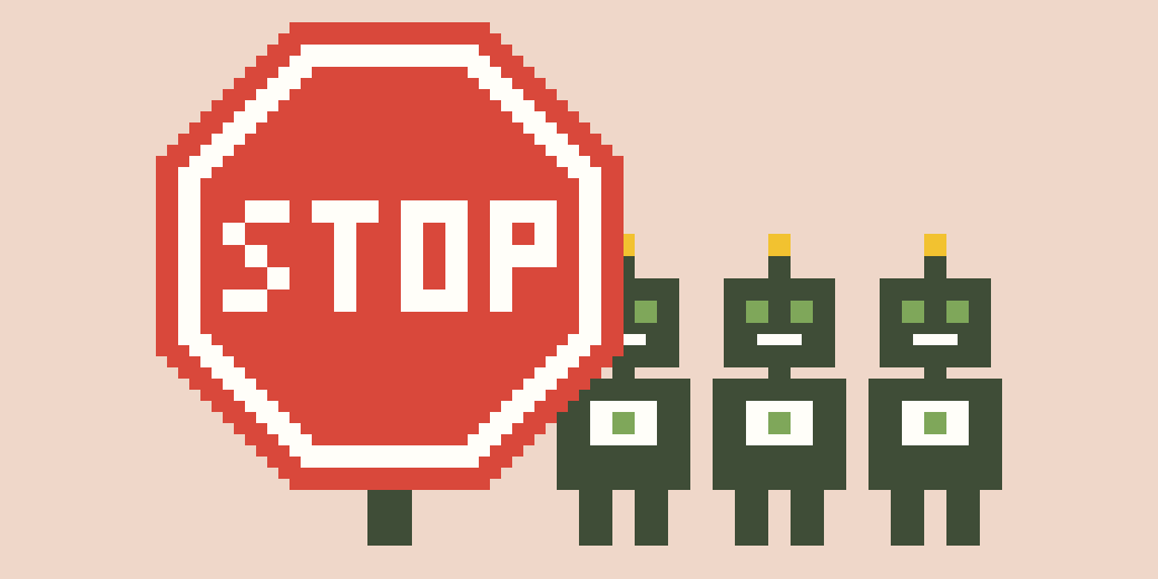 A red stop sign, with three AI agents halted in a queue behind it.