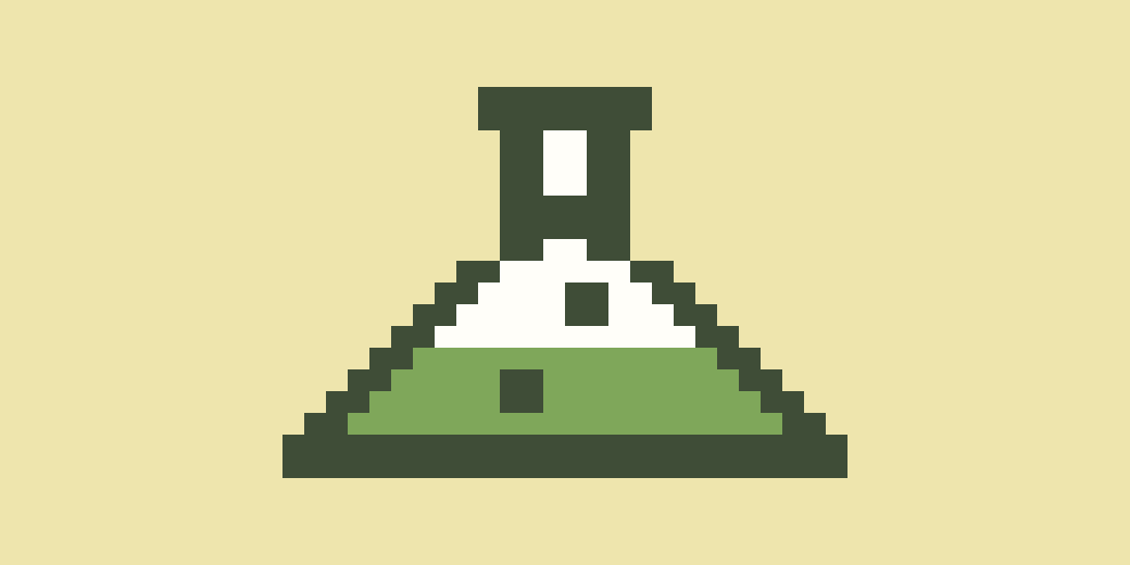 A pixelated conical flask with bubbles rising.