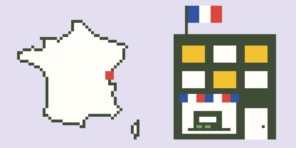 A map of France with a pin in the Alps, next to the offices of a French company: a flag on the roof, a blue, white and red awning and an Appliance in the window.