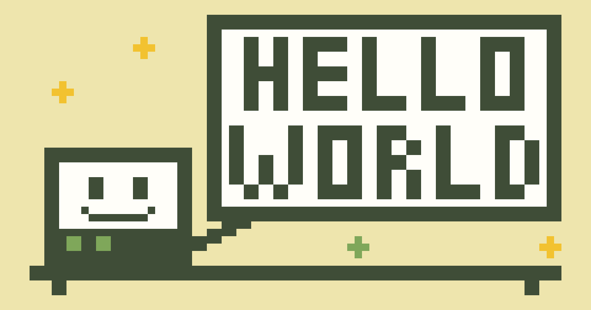 A smiling pixelated box on a desk, saying “Hello World” in a speech bubble.