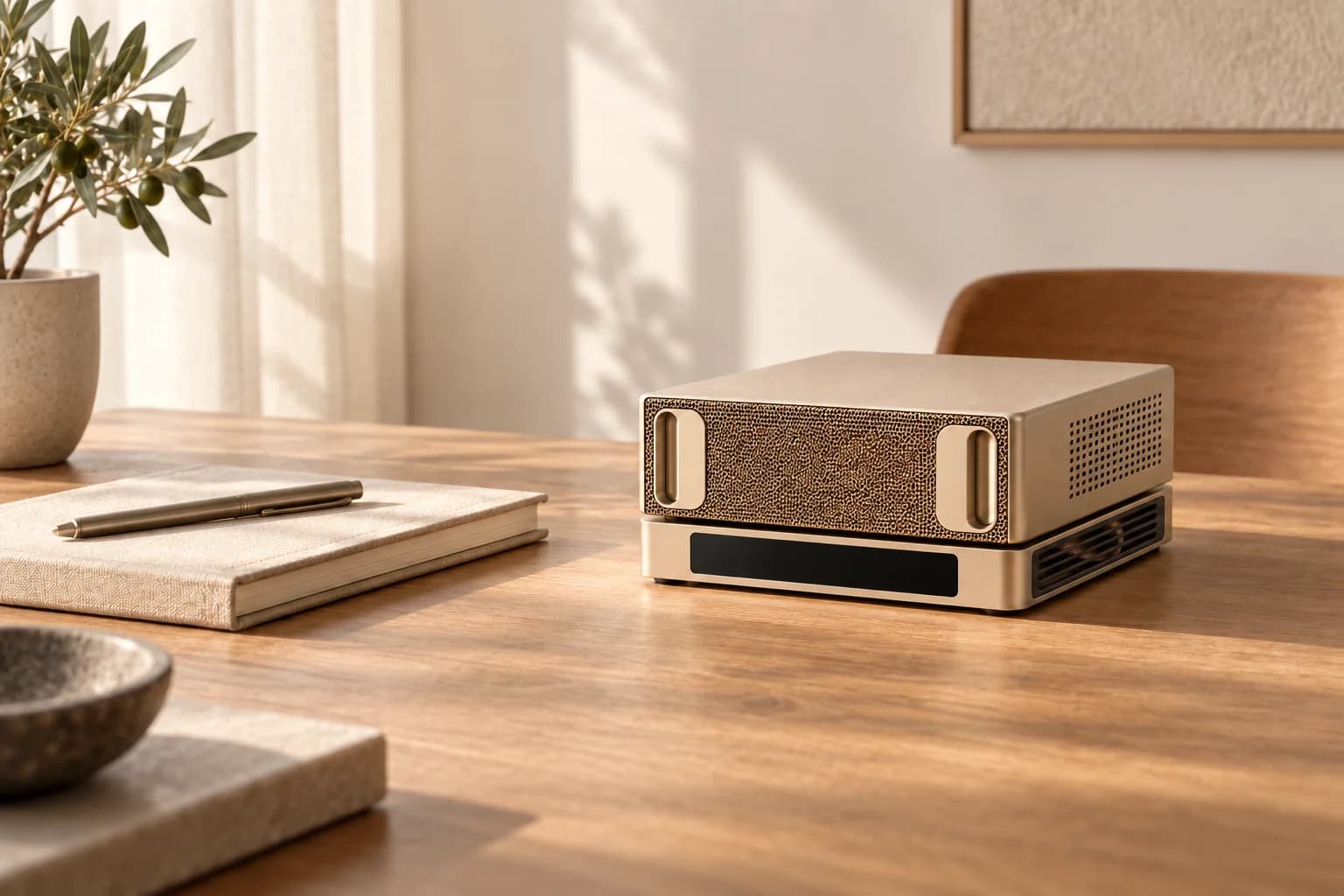 Rendu original de l’appliance compacte sur un bureau en bois, près d’un carnet et d’une plante